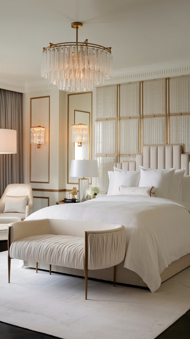 Elegant guestroom at the Baccarat Hotel New York, featuring plush bedding and Baccarat crystal details.