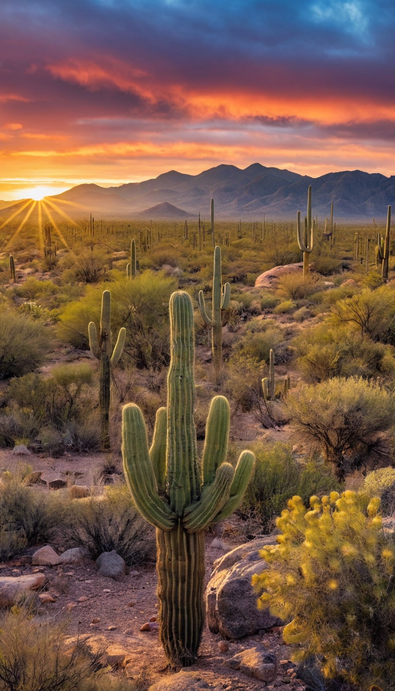 A picturesque shot of Saguaro National Park with a beautiful desert sunset.